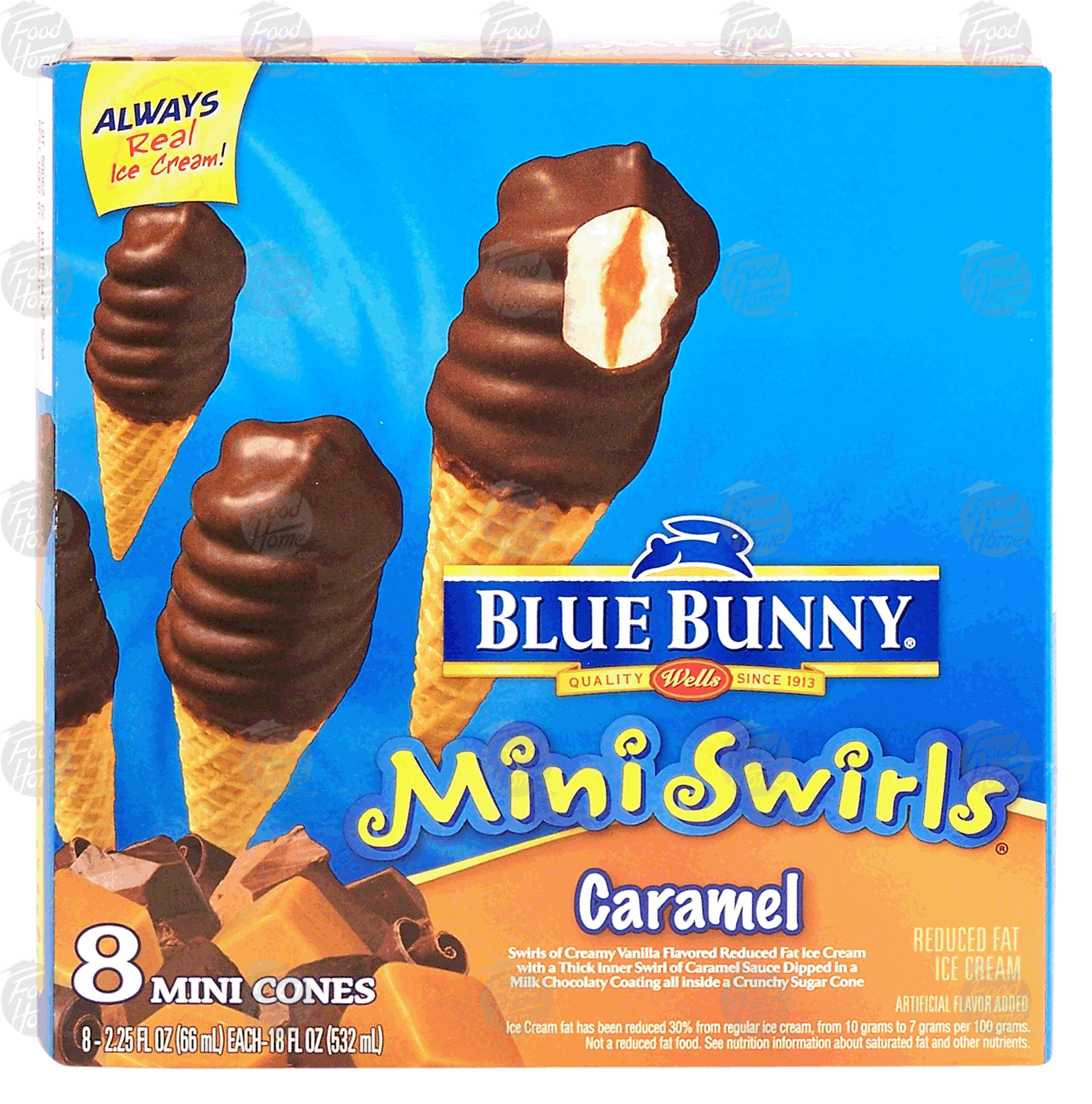 Blue Bunny Mini Swirls vanilla ice cream w/a thick inner layer of caramel sauce dipped in milk chocolate, 8 mini cones Full-Size Picture